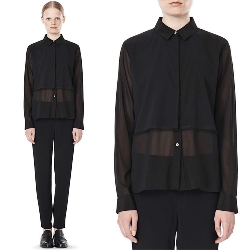 T By Alexander Wang Women’s 0 Layered Frayed Silk Blouse Button Up Top